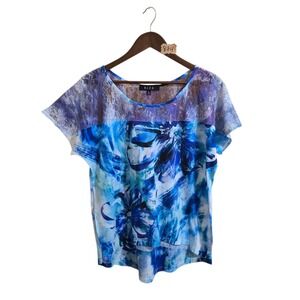 B.L.E.U. Women's Short Sleeve Shirt Size XL Lace Neckline Blue Black White